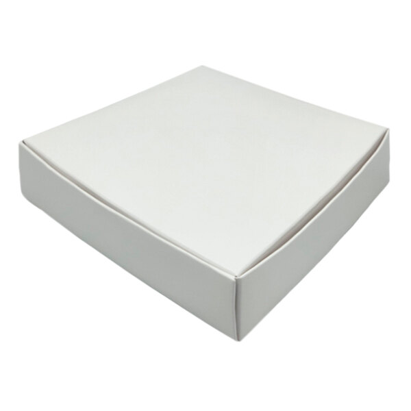 A 7" x 7" x 2" white square candy box with a lid.