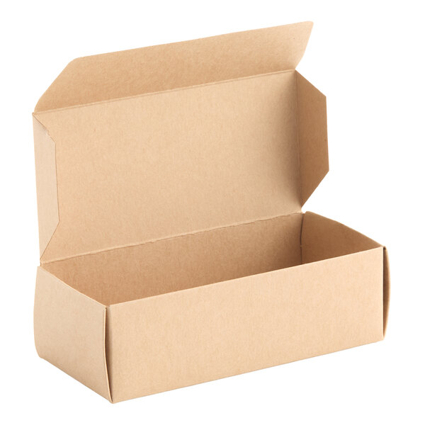 A plain, rectangular kraft paper candy box with an open lid.