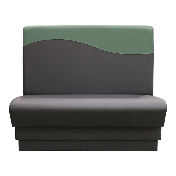 A QA Group green and black restaurant booth with a green and grey surface.