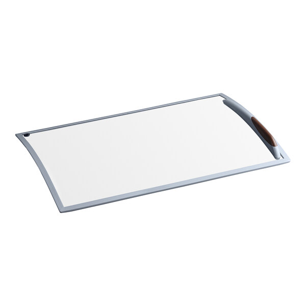 A white board with a gray handle.