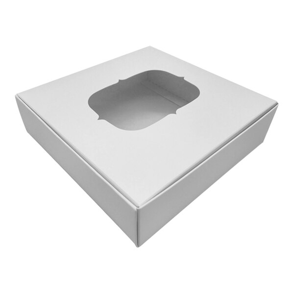 A white square candy box with an oval window.