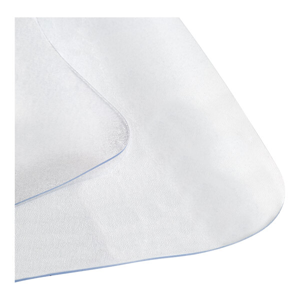 A close-up of a clear rectangular office chair mat with blue trim.