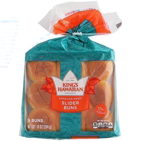 A package of King's Hawaiian Original Hawaiian Sweet Sliced Slider Rolls in a blue plastic bag.
