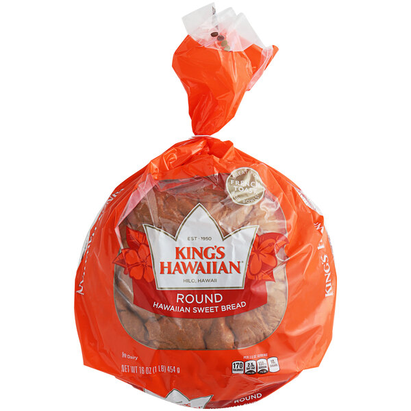 A plastic bag of 6 King's Hawaiian round bread loaves.