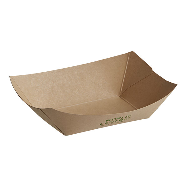 A brown cardboard World Centric compostable food tray with green writing.