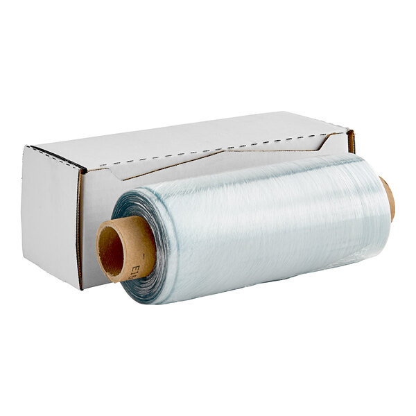 A white box with a roll of clear plastic wrapping material inside.