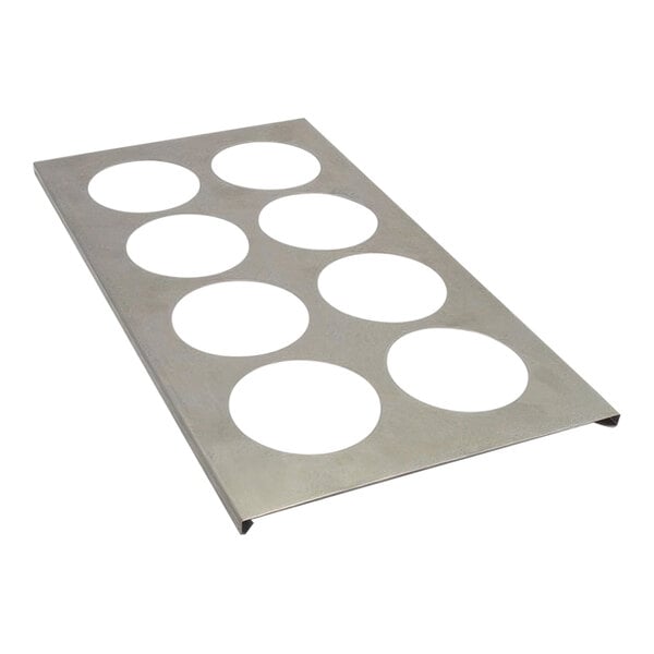 A stainless steel tray with 8 holes in it.