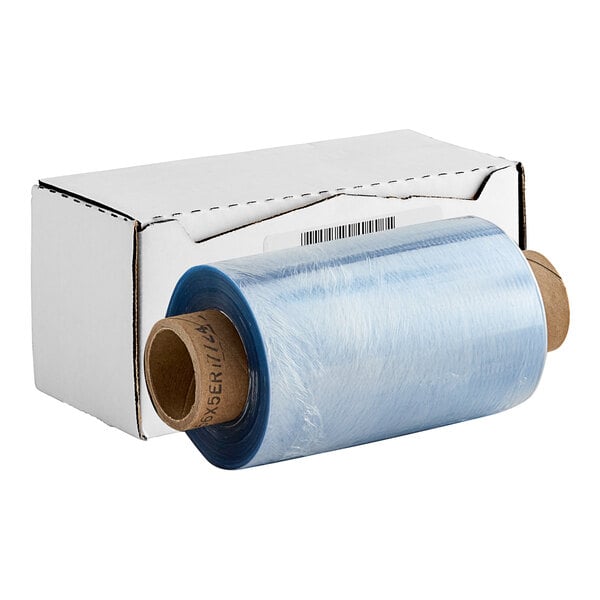 A roll of Anchor Packaging blue plastic wrap next to a box.