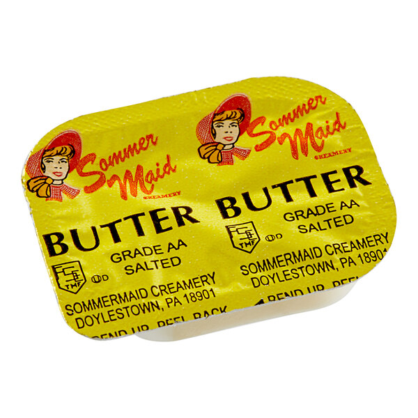 A yellow package of Sommer Maid butter portion cups.