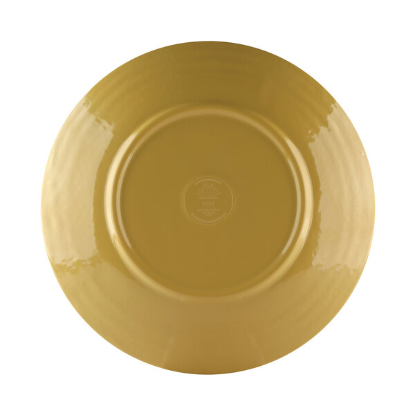 An olive oil-colored Elite Global Solutions round melamine plate with a rim and a logo on it.