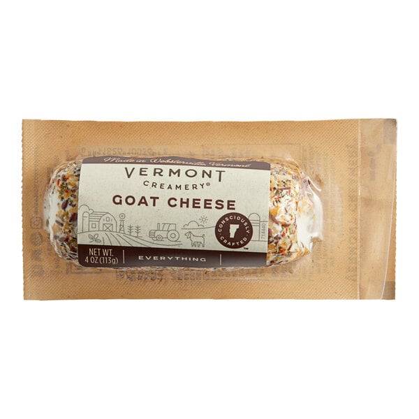 A package of Vermont Creamery Everything Seasoned Goat Cheese on a table.