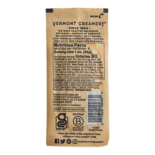 A package of Vermont Creamery Everything Seasoned Goat Cheese with black and brown text on a white background.