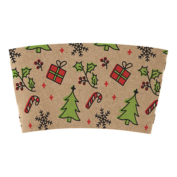 A brown paper coffee cup sleeve with green and red Christmas designs including a green tree with black outline and candy canes.