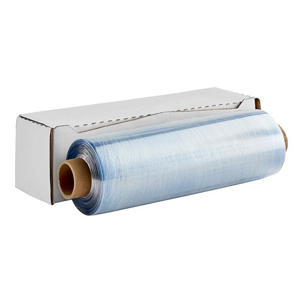 A roll of Anchor Packaging clear plastic wrap on a box.