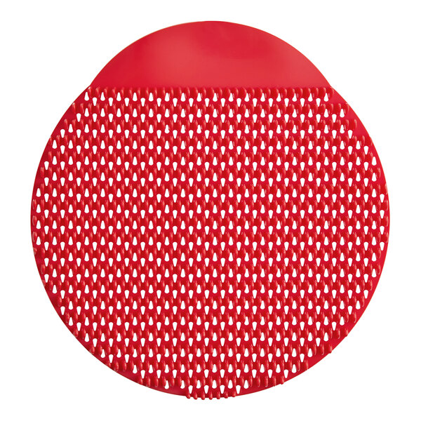 A F-Matic urinal screen with a red circle and white dots.