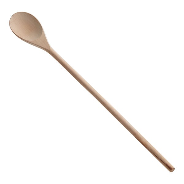 A close-up of a Choice 18" wooden spoon with a long handle.