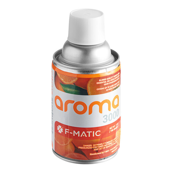 A white and orange F-Matic Citrus Sunburst air freshener refill can.