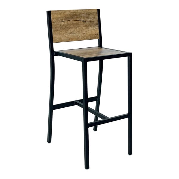 A BFM Seating black powder-coated steel barstool with a wood seat and back.