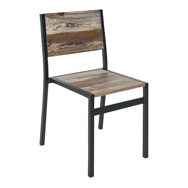 A BFM Seating wooden side chair with black metal legs and a wood seat and back.