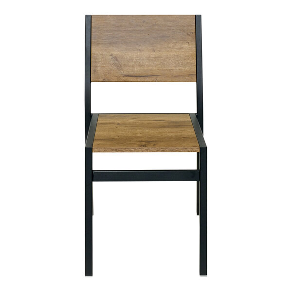 A BFM Seating Chester wood chair with black metal legs.
