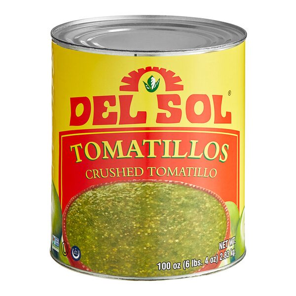 A Del Sol #10 can of crushed tomatillos with a label.