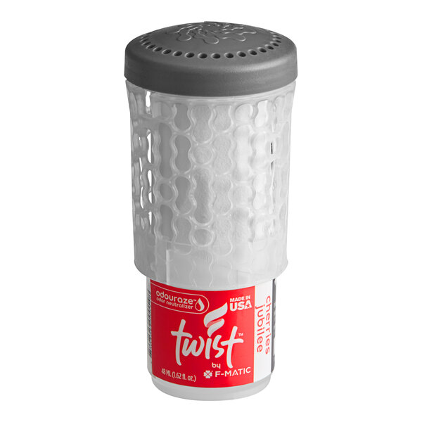 A white and gray F-Matic Twist air freshener refill container with a lid.