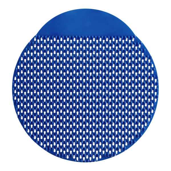 A blue and white circular urinal screen with white dots.