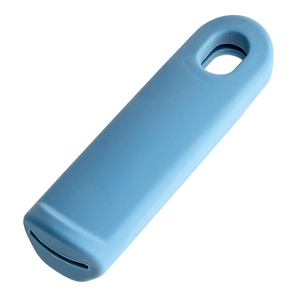 A blue silicone handle sleeve with a hole for a pan handle.