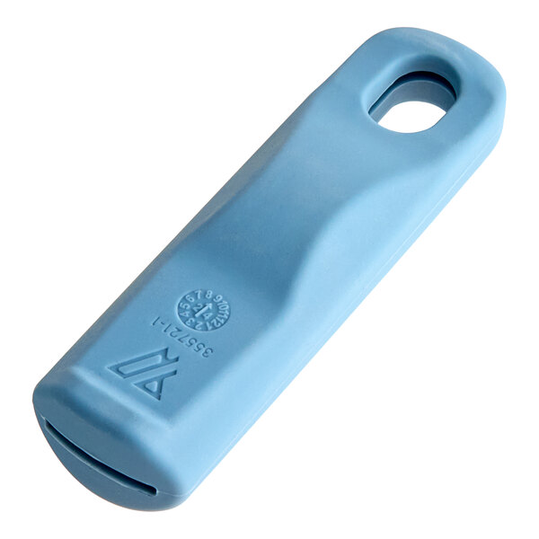 A blue silicone handle sleeve with a hole for a pan.