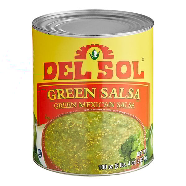 A #10 can of Del Sol green salsa with a red and yellow label.