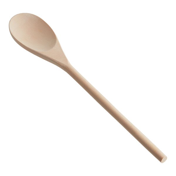 A close-up of a Choice 12" wooden spoon with a wooden handle.