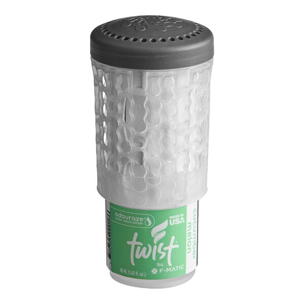 A close up of a F-Matic Twist Cucumber Melon Air Freshener Refill container.