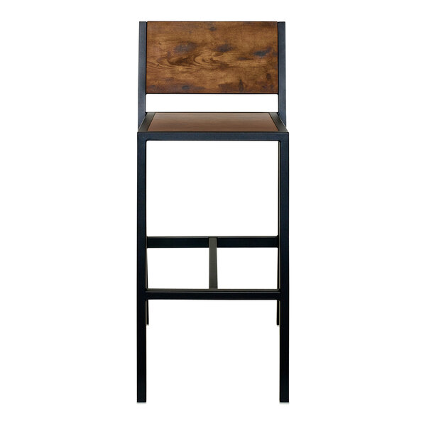 A BFM Seating Chester bar stool with a wood seat and back on a black metal frame.