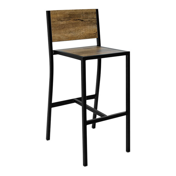 A BFM Seating black powder-coated steel barstool with a wood seat and back.