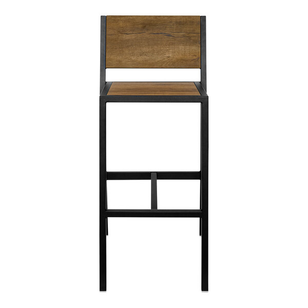 A BFM Seating wood and metal bar stool with a wood seat and back.