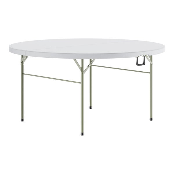 A Lancaster Table & Seating white round folding table with metal legs.