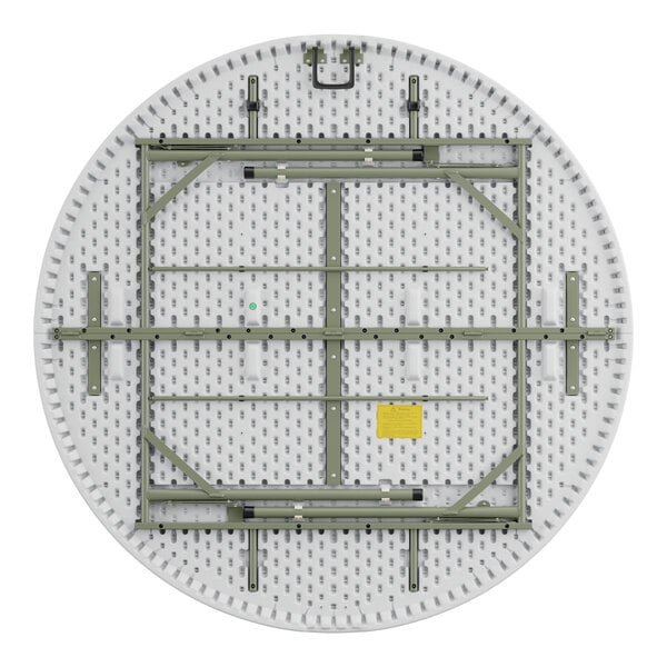 A Lancaster Table & Seating white plastic bi-folding round table with metal bars.