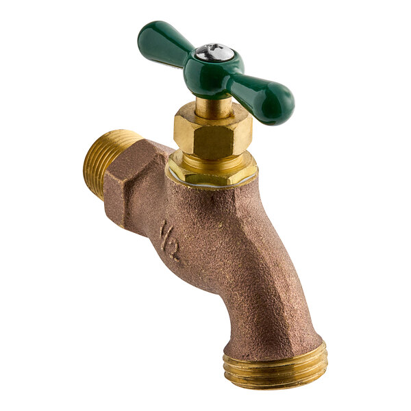 A close-up of an Eastman brass hose bibb with a green handle.