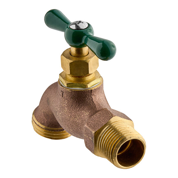 A close-up of an Eastman brass hose bibb with a green handle.