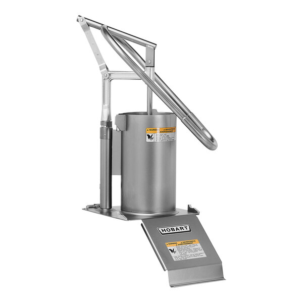 A stainless steel Hobart cheese cylinder assembly with a push arm.