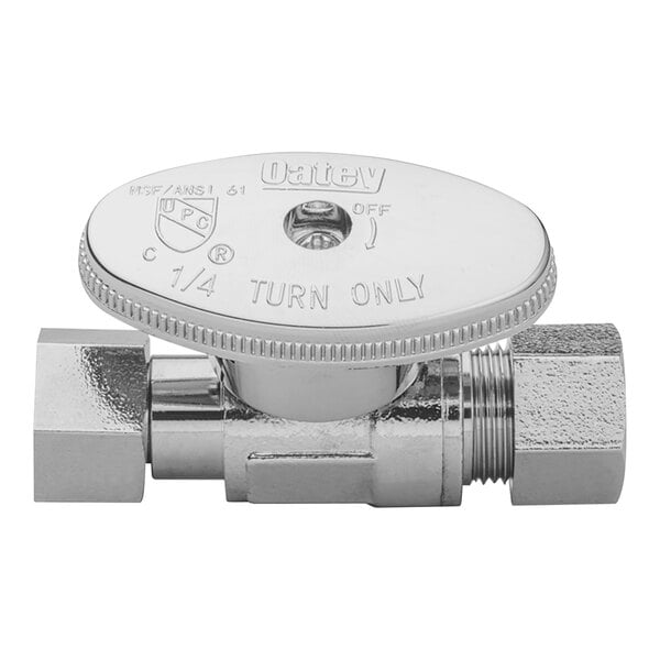 A silver Oatey 1/4-turn water stop valve with a white captured nut.