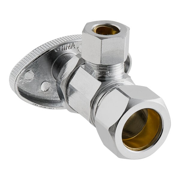 A chrome plated Eastman angle stop valve with a brass nut on a silver metal pipe.