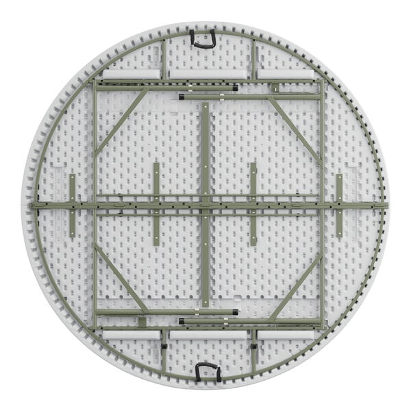 A white round Lancaster Table & Seating plastic folding table with metal supports.