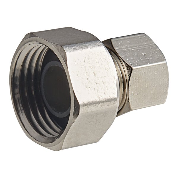 A chrome-plated brass Eastman threaded female connector with a nut.