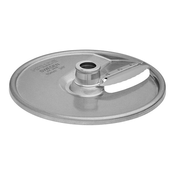 A silver stainless steel Hobart 3/8" scalloped chicken blade for a food processor with a metal handle.