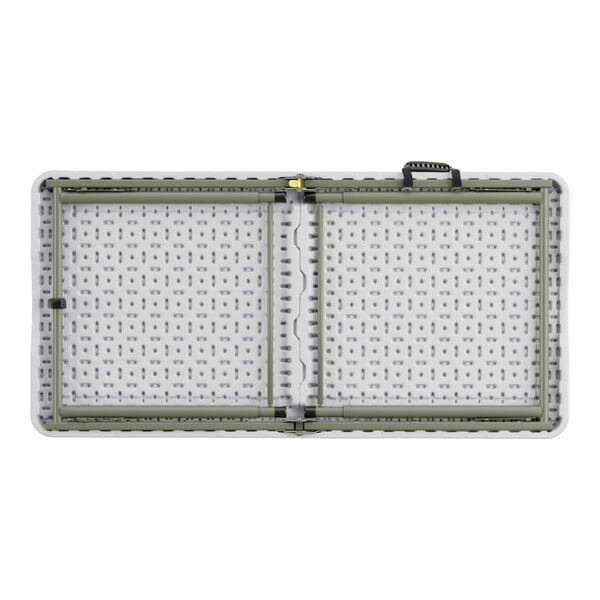 A white plastic Lancaster Table & Seating bi-folding table with metal frames.