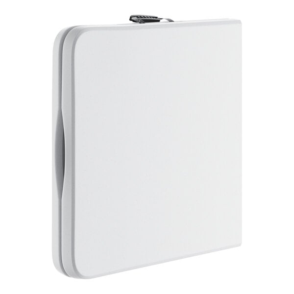 A white rectangular Lancaster Table & Seating bi-folding table with a handle on top.