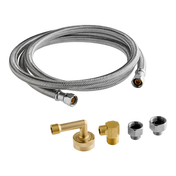 A Steel-Flex braided stainless steel dishwasher connector hose with brass fittings.