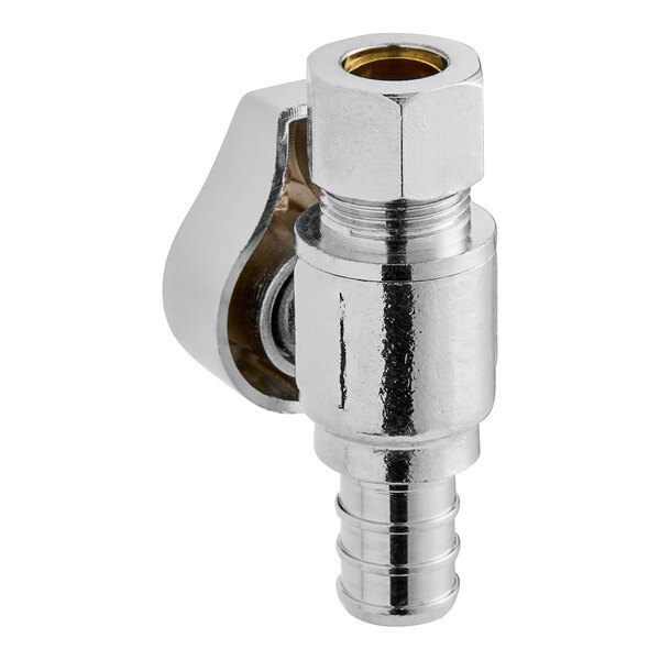 A chrome plated brass Eastman SpeedFlex quarter-turn straight stop valve with a small nut on a silver metal piece.