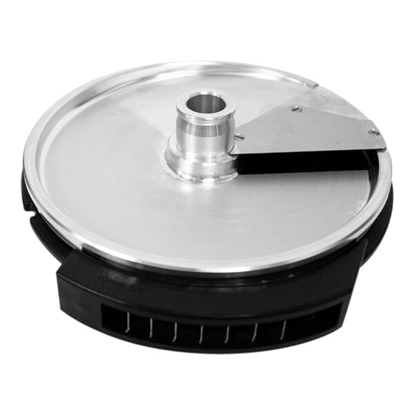 A round metal Hobart French fry slicing disc with a black metal cover.